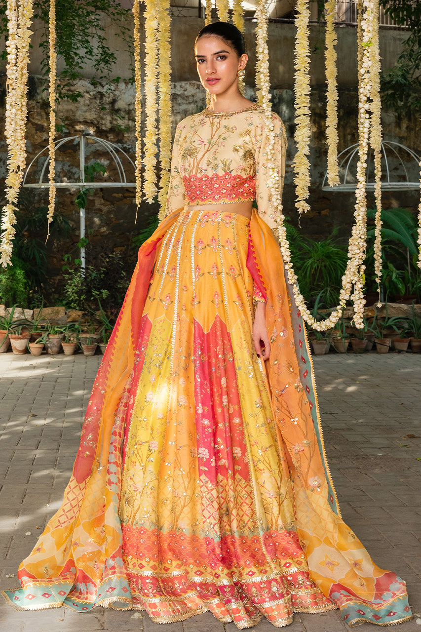 Pakistani Lemon Gota Embroidered Cotton Net Lehenga (3-Piece) - Image 1