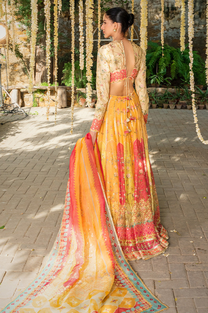 Pakistani Lemon Gota Embroidered Cotton Net Lehenga (3-Piece) - Image 2