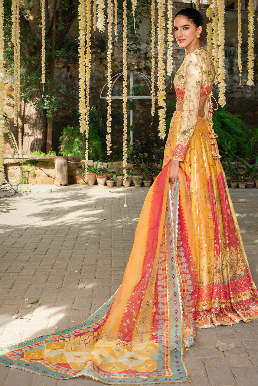 Pakistani Lemon Gota Embroidered Cotton Net Lehenga (3-Piece) - Image 3