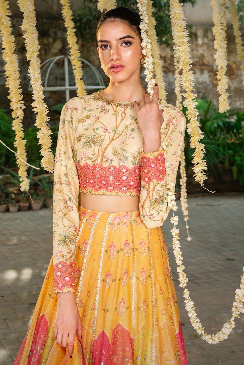 Pakistani Lemon Gota Embroidered Cotton Net Lehenga (3-Piece) - Image 4