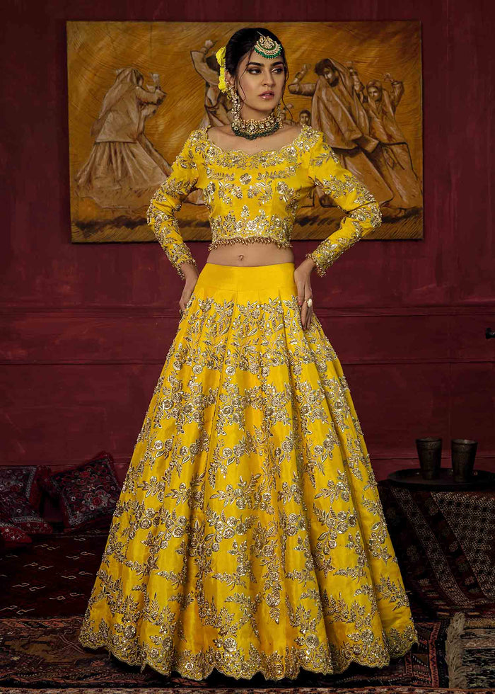 Yellow Embroidered Cotton Silk Bridal Lehenga (2-Piece) - Image 1
