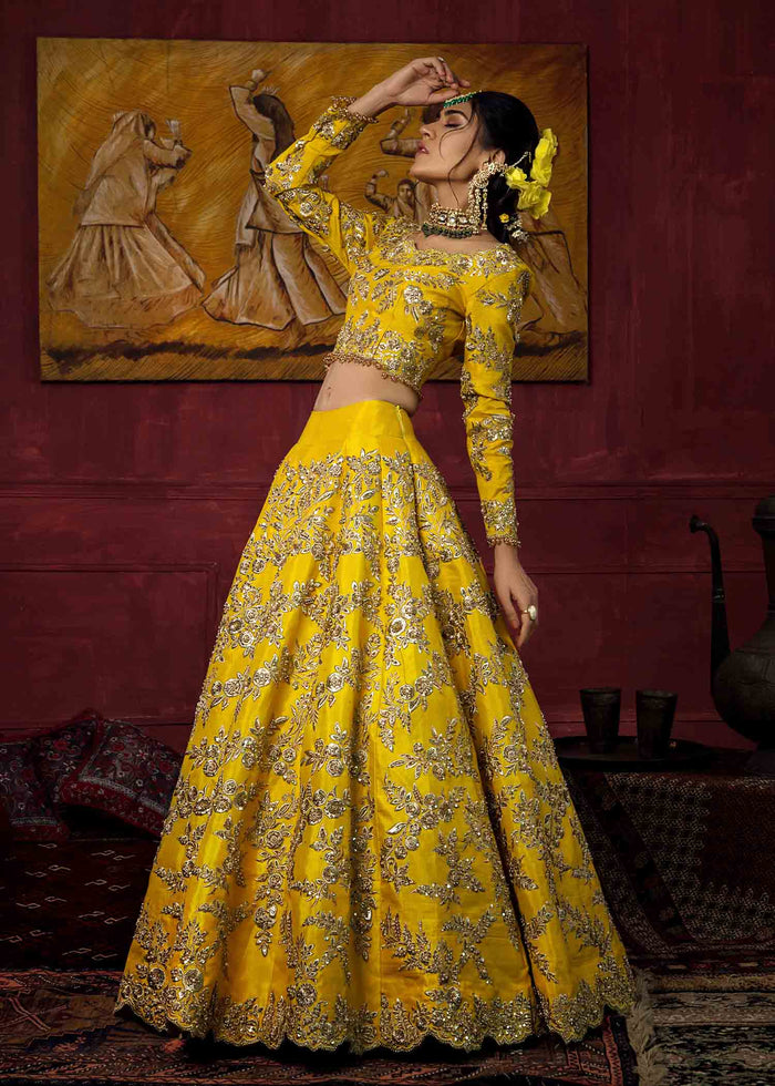 Yellow Embroidered Cotton Silk Bridal Lehenga (2-Piece) - Image 3