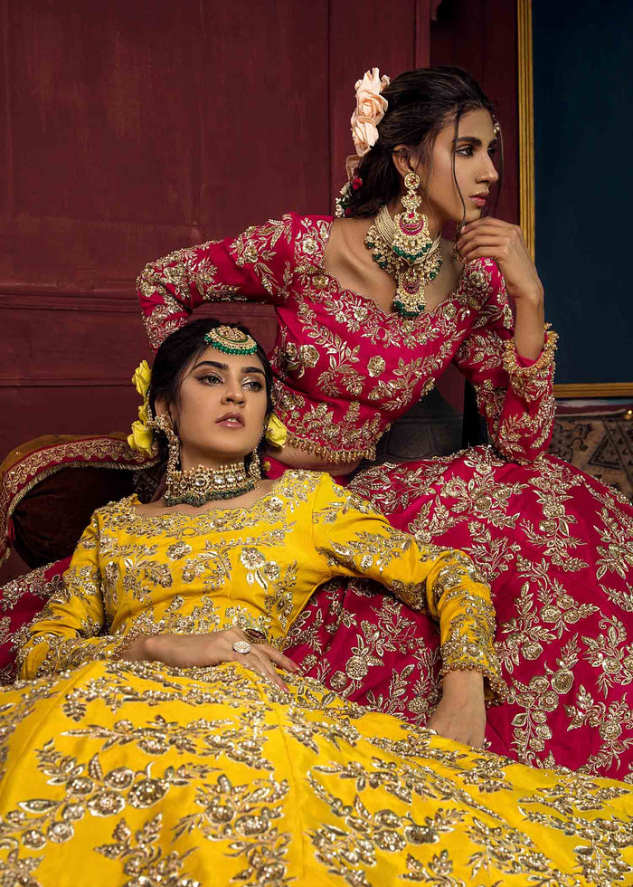 Yellow Embroidered Cotton Silk Bridal Lehenga (2-Piece) - Image 4