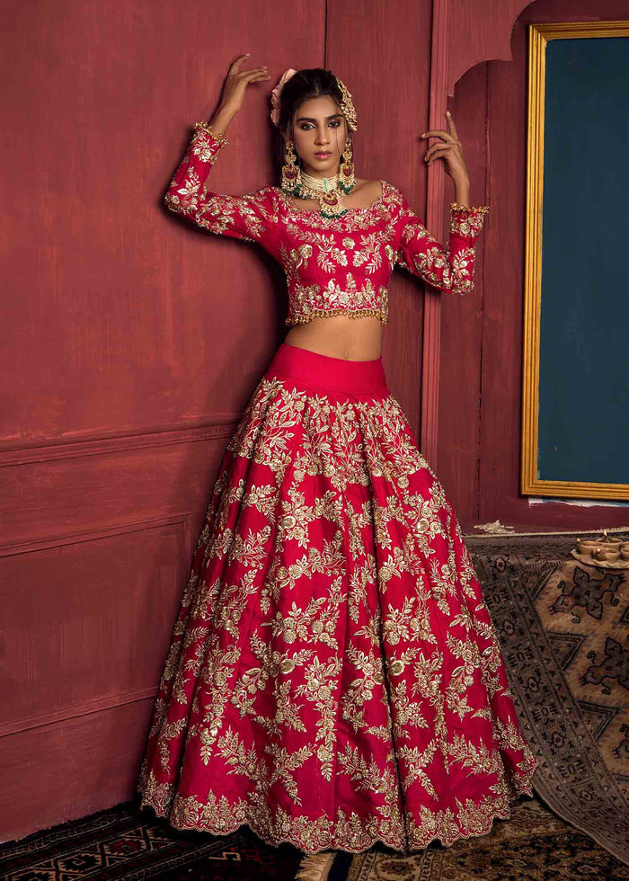 Yellow Embroidered Cotton Silk Bridal Lehenga (2-Piece) - Image 5