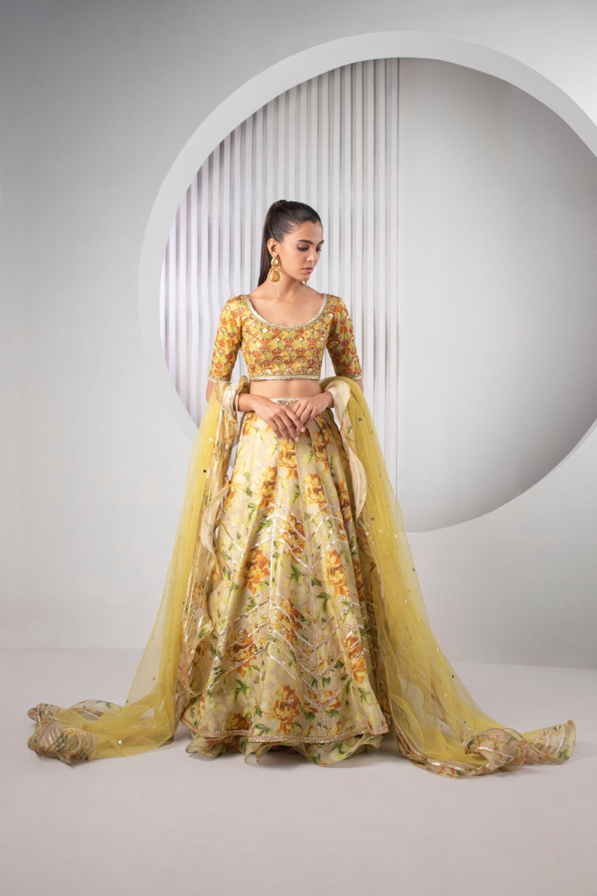 Pakistani Lemon Embroidered Jamawar Lehenga Choli (3-Piece) - Image 1