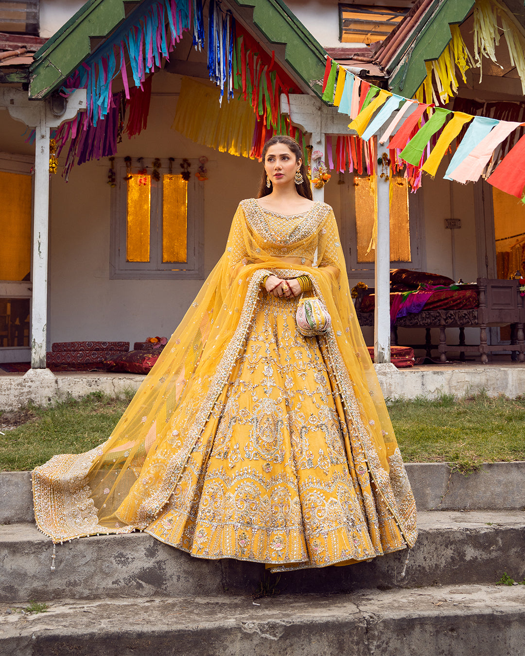 Pakistani Yellow Embroidered Silk Lehenga Choli (3-Piece) - Image 1