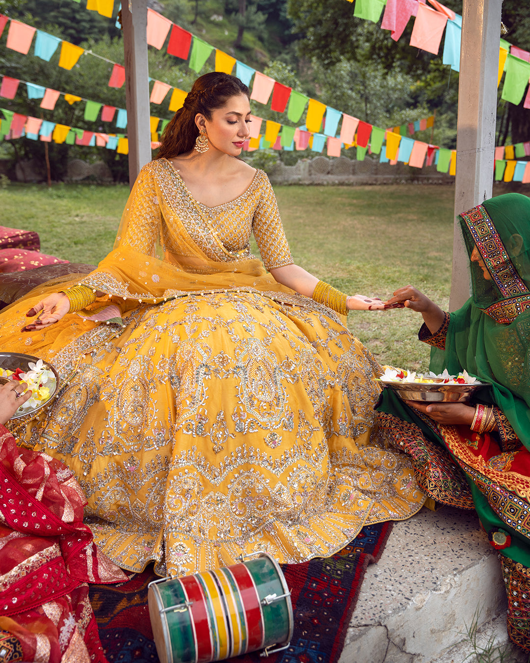Pakistani Yellow Embroidered Silk Lehenga Choli (3-Piece) - Image 3