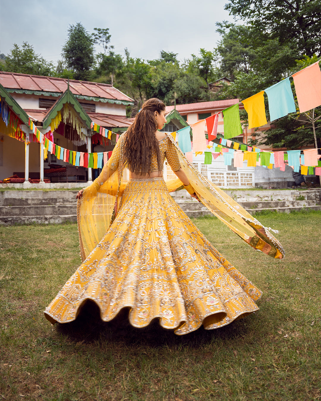 Pakistani Yellow Embroidered Silk Lehenga Choli (3-Piece) - Image 5
