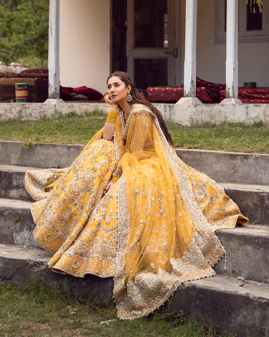 Pakistani Yellow Hand Embroidered Silk Lehenga Choli (3-Piece) - Image 4