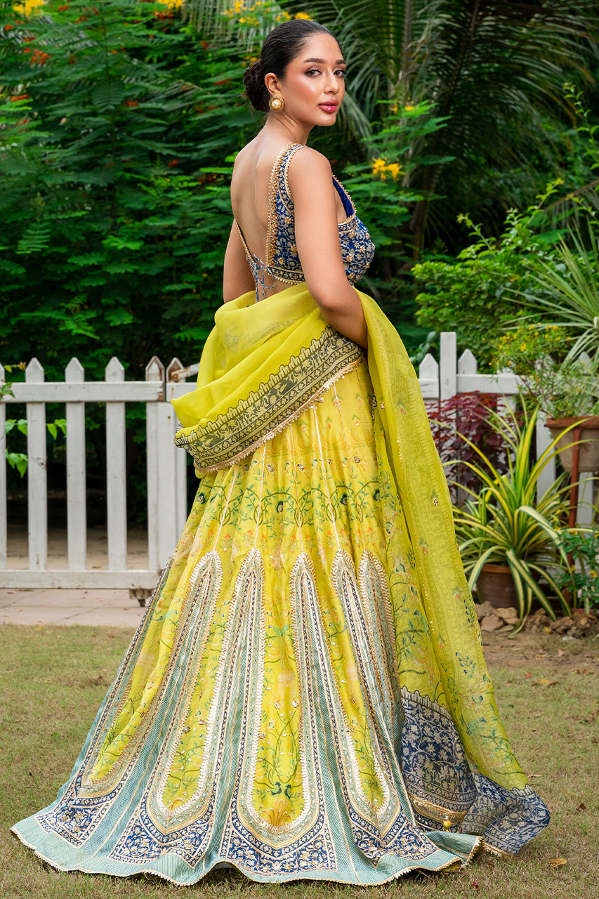 Pakistani Canary Yellow Zardozi Khaddi Silk Lehenga (3-Piece) - Image 2