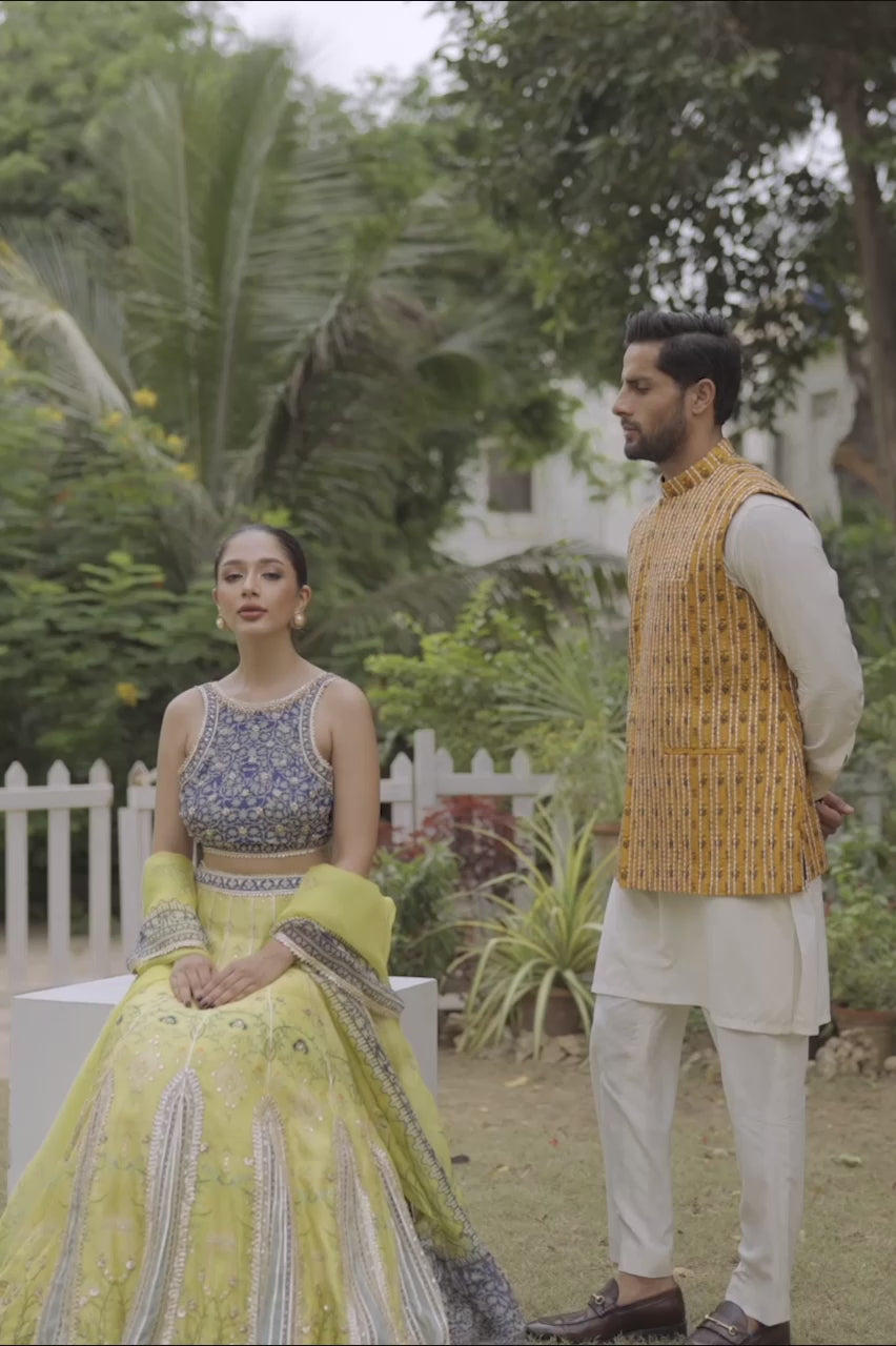 Pakistani Canary Yellow Zardozi Khaddi Silk Lehenga (3-Piece) - Image 5