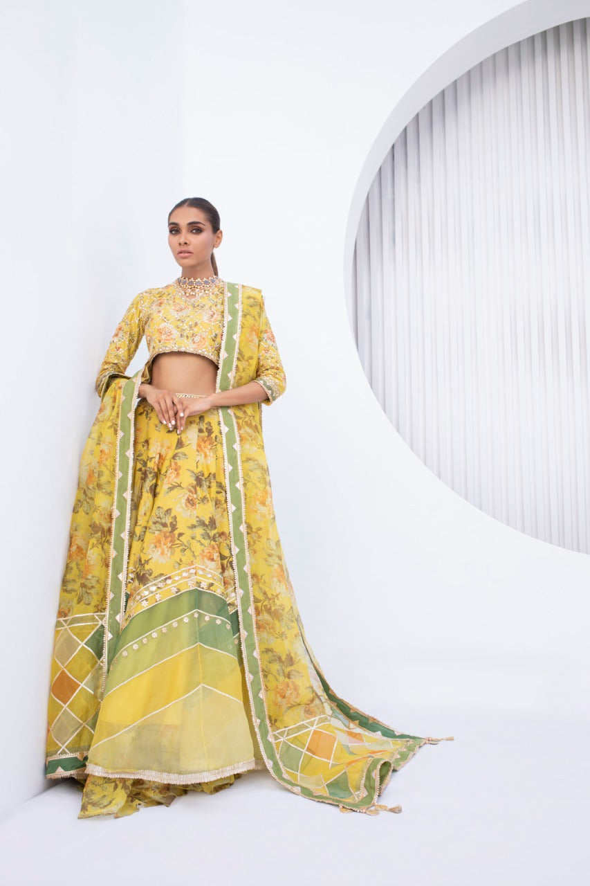 Pakistani Lemon Gota Zardozi Khaddi Silk Lehnga Choli (3-Piece) - Image 1