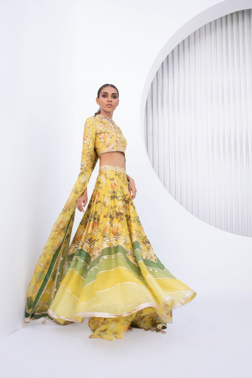 Pakistani Lemon Gota Zardozi Khaddi Silk Lehnga Choli (3-Piece) - Image 2