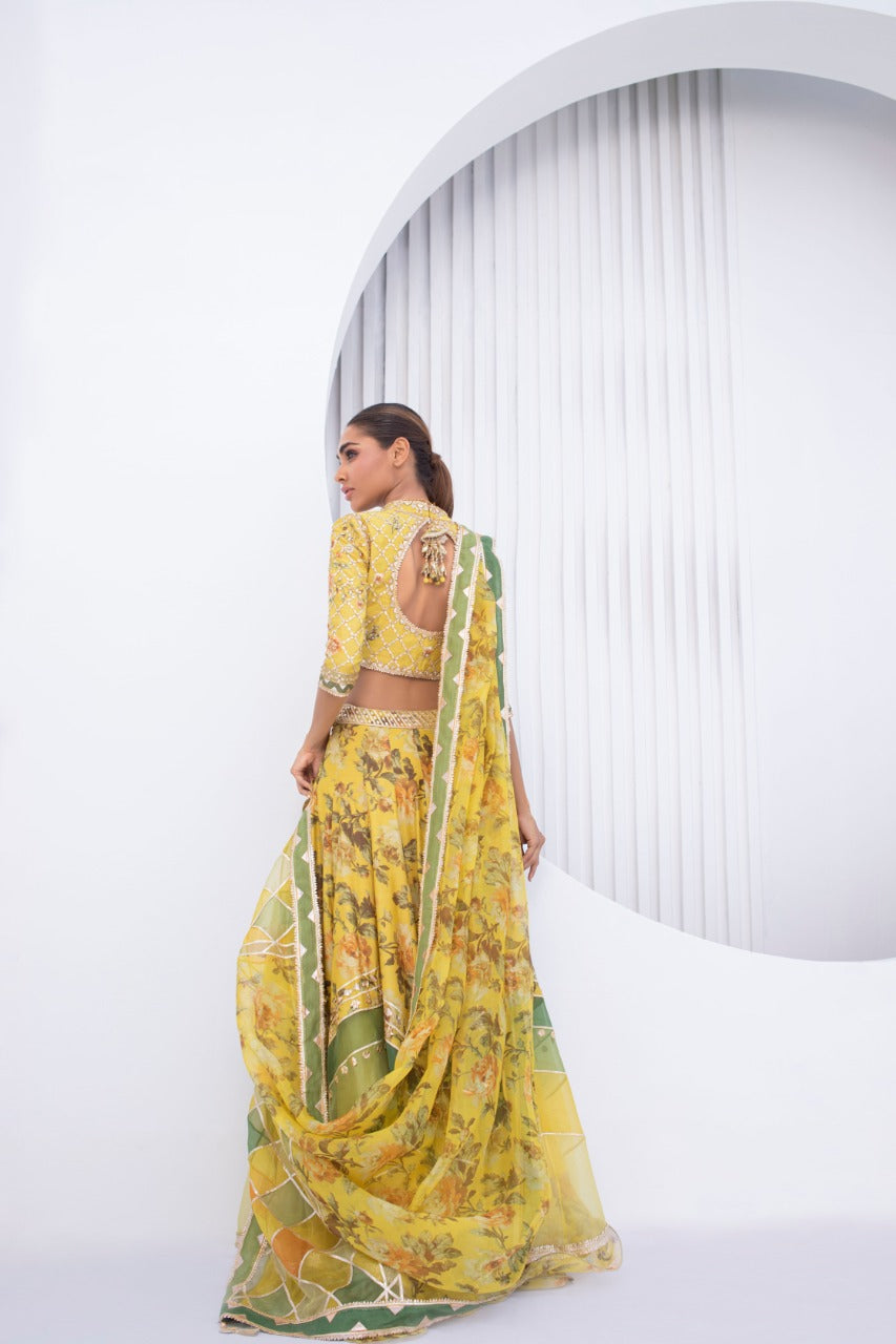 Pakistani Lemon Gota Zardozi Khaddi Silk Lehnga Choli (3-Piece) - Image 3