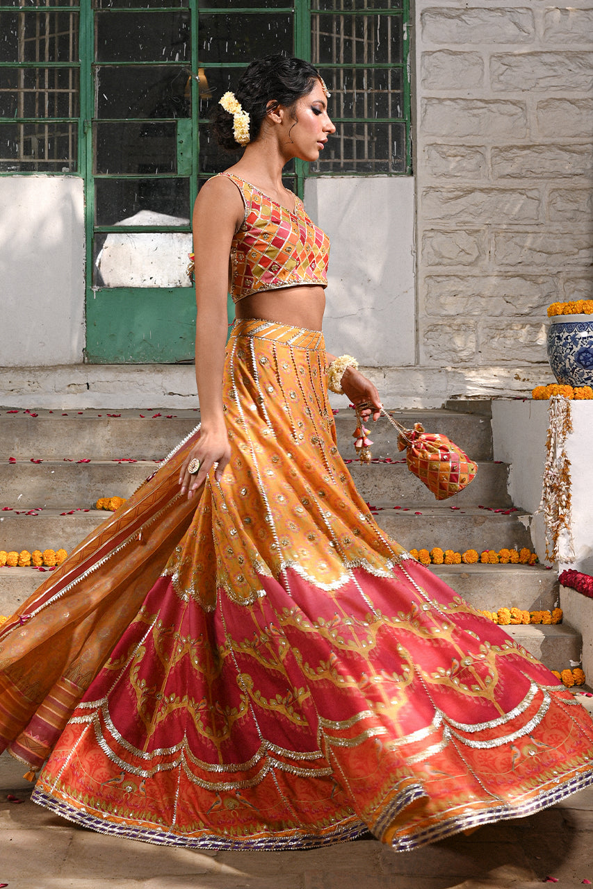 Pakistani Canary Yellow Hand-Embellished Khaddi Silk Lehenga Choli (3-Piece) - Image 10