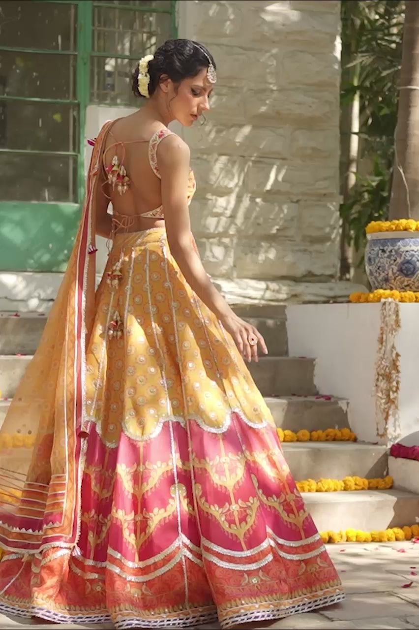 Pakistani Canary Yellow Hand-Embellished Khaddi Silk Lehenga Choli (3-Piece) - Image 11