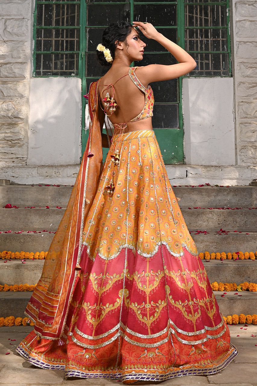 Pakistani Canary Yellow Hand-Embellished Khaddi Silk Lehenga Choli (3-Piece) - Image 2