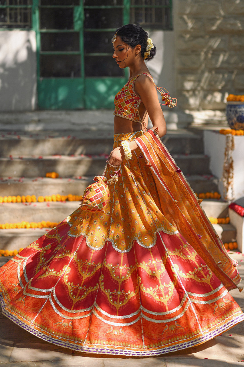 Pakistani Canary Yellow Hand-Embellished Khaddi Silk Lehenga Choli (3-Piece) - Image 3