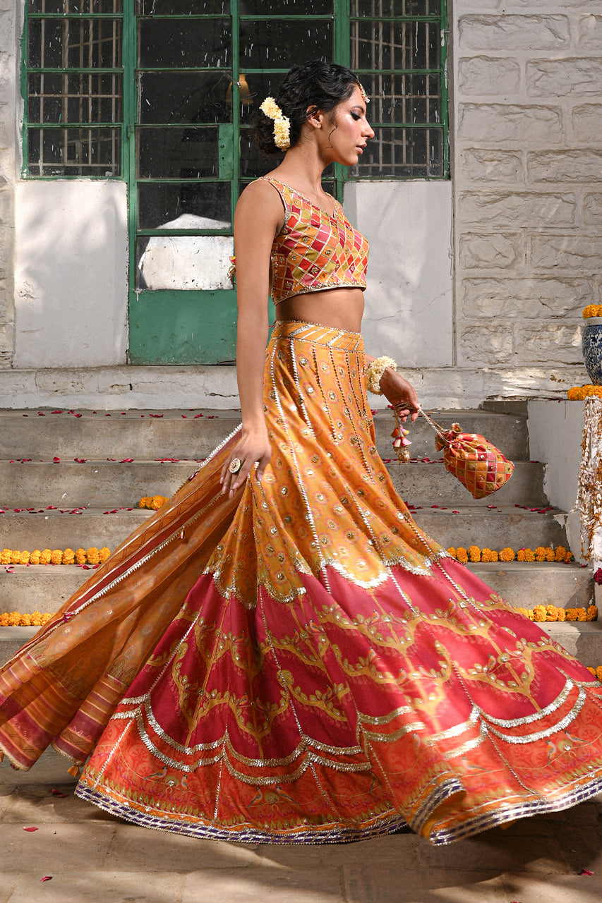 Pakistani Canary Yellow Hand-Embellished Khaddi Silk Lehenga Choli (3-Piece) - Image 4