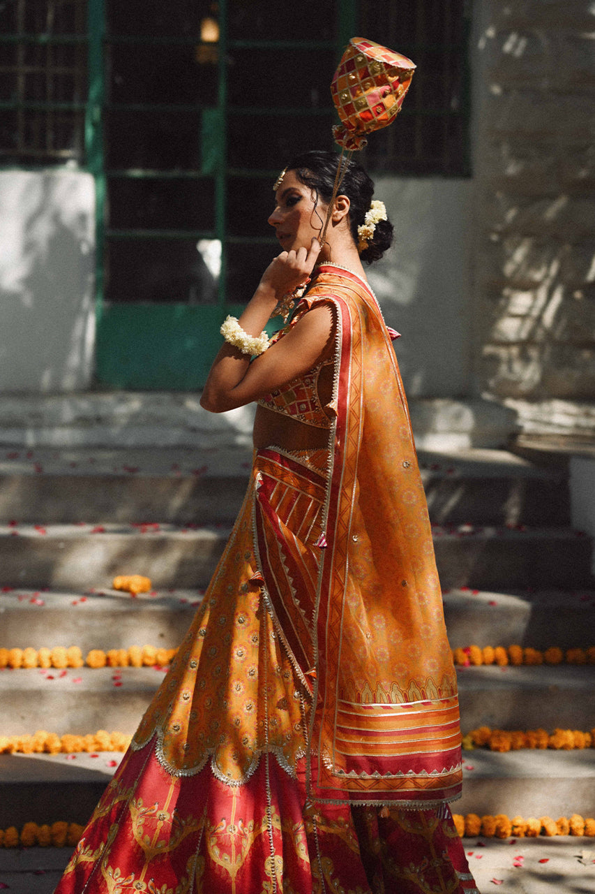 Pakistani Canary Yellow Hand-Embellished Khaddi Silk Lehenga Choli (3-Piece) - Image 5
