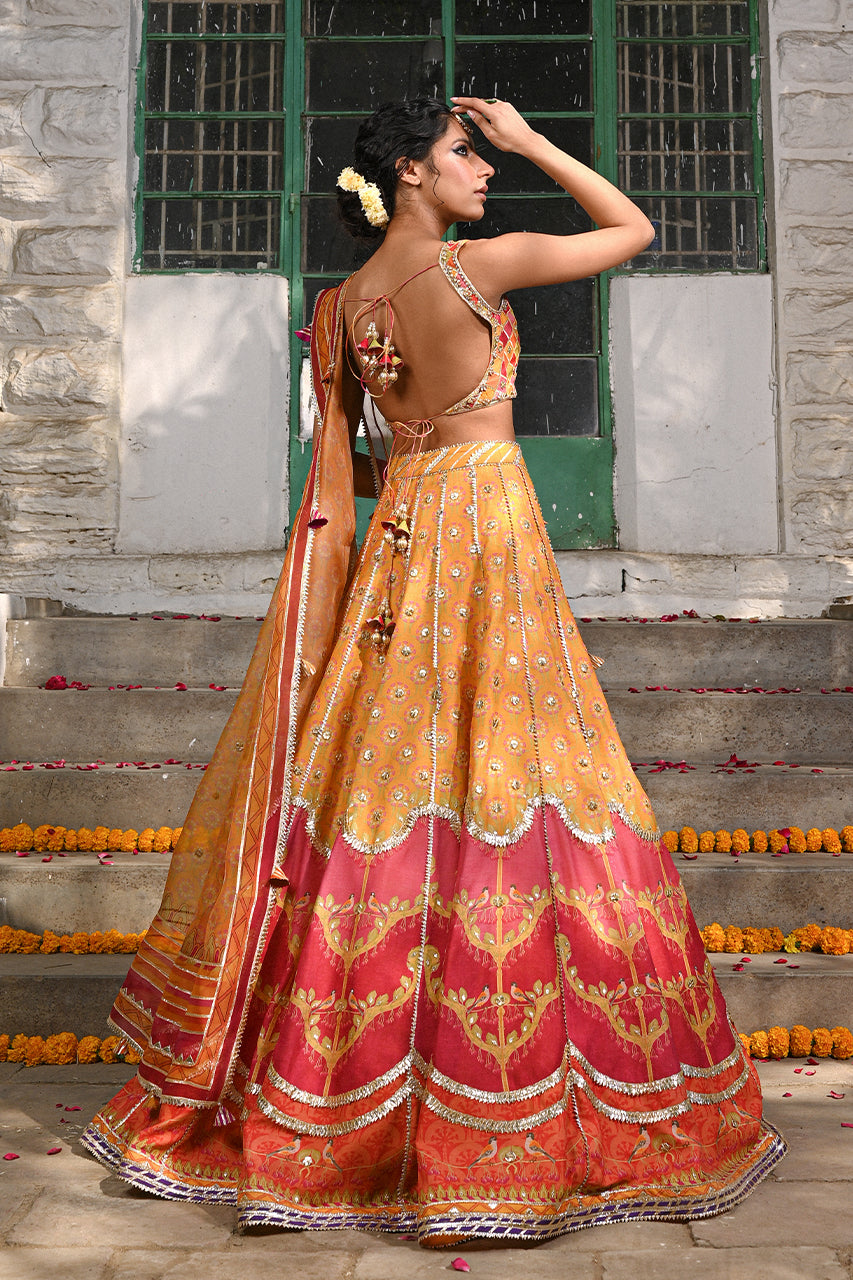 Pakistani Canary Yellow Hand-Embellished Khaddi Silk Lehenga Choli (3-Piece) - Image 9