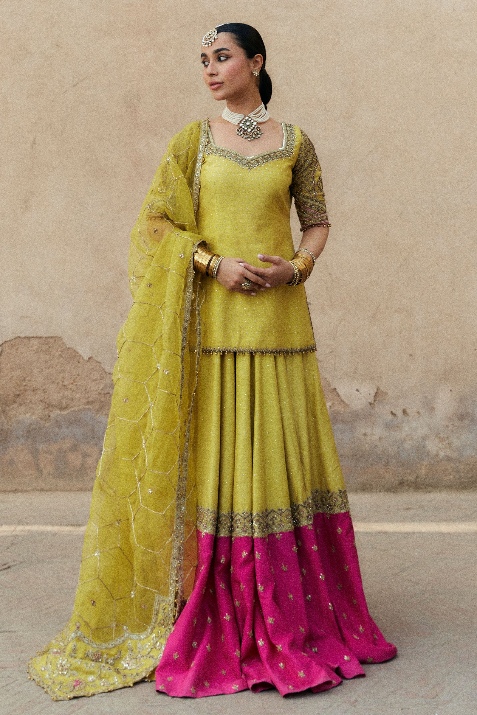 Pakistani Vibrant Yellow Adda Work Korean Silk Lehenga (3-Piece) - Image 1