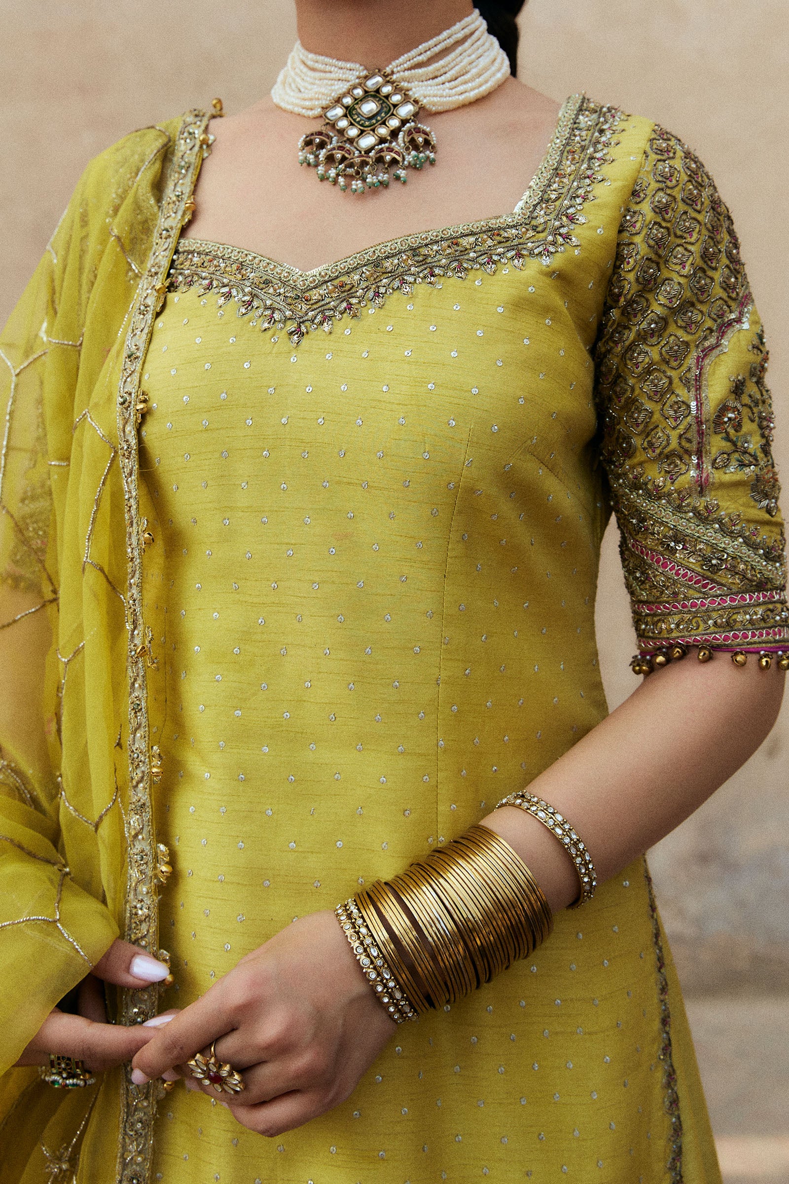 Pakistani Vibrant Yellow Adda Work Korean Silk Lehenga (3-Piece) - Image 2