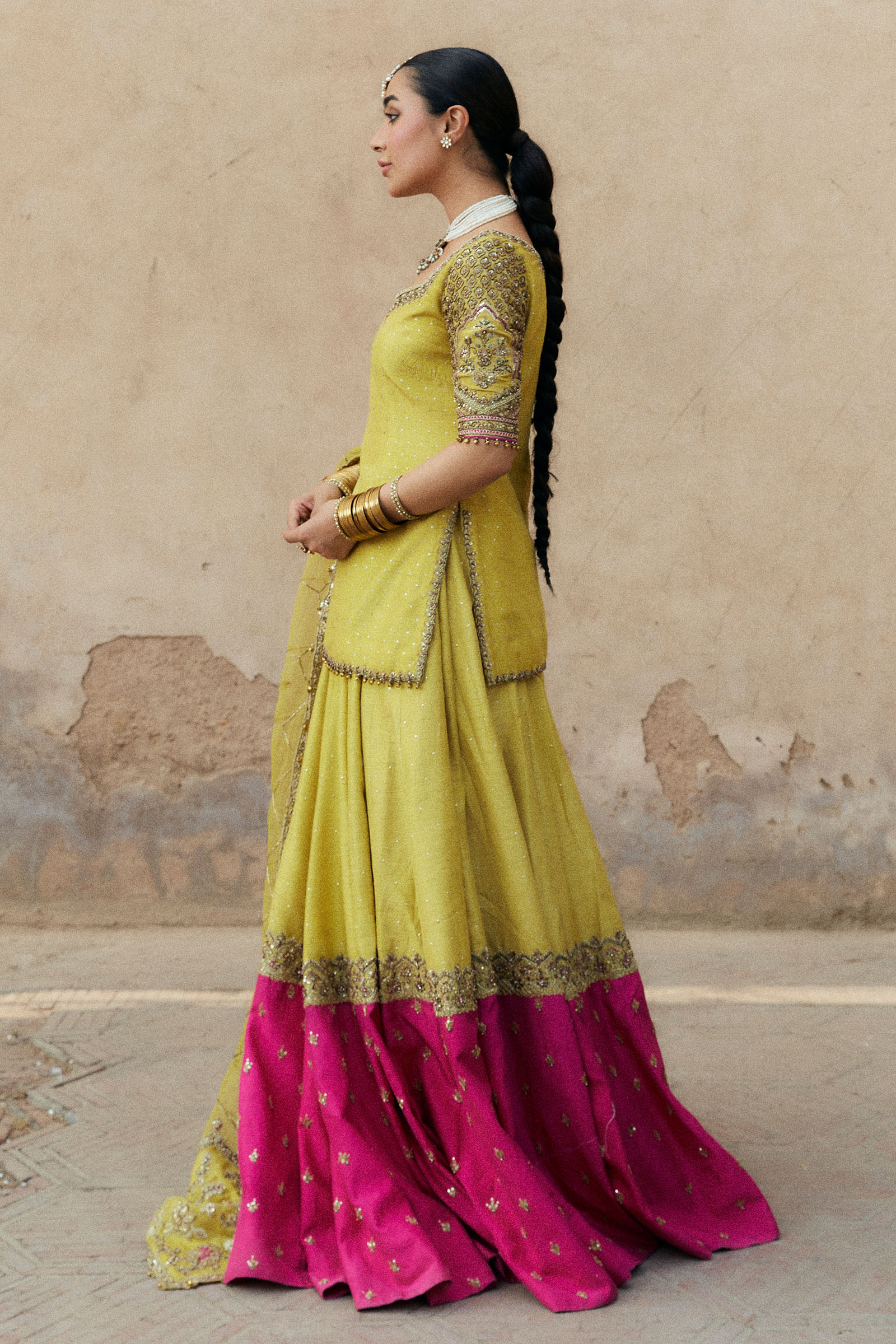 Pakistani Vibrant Yellow Adda Work Korean Silk Lehenga (3-Piece) - Image 3