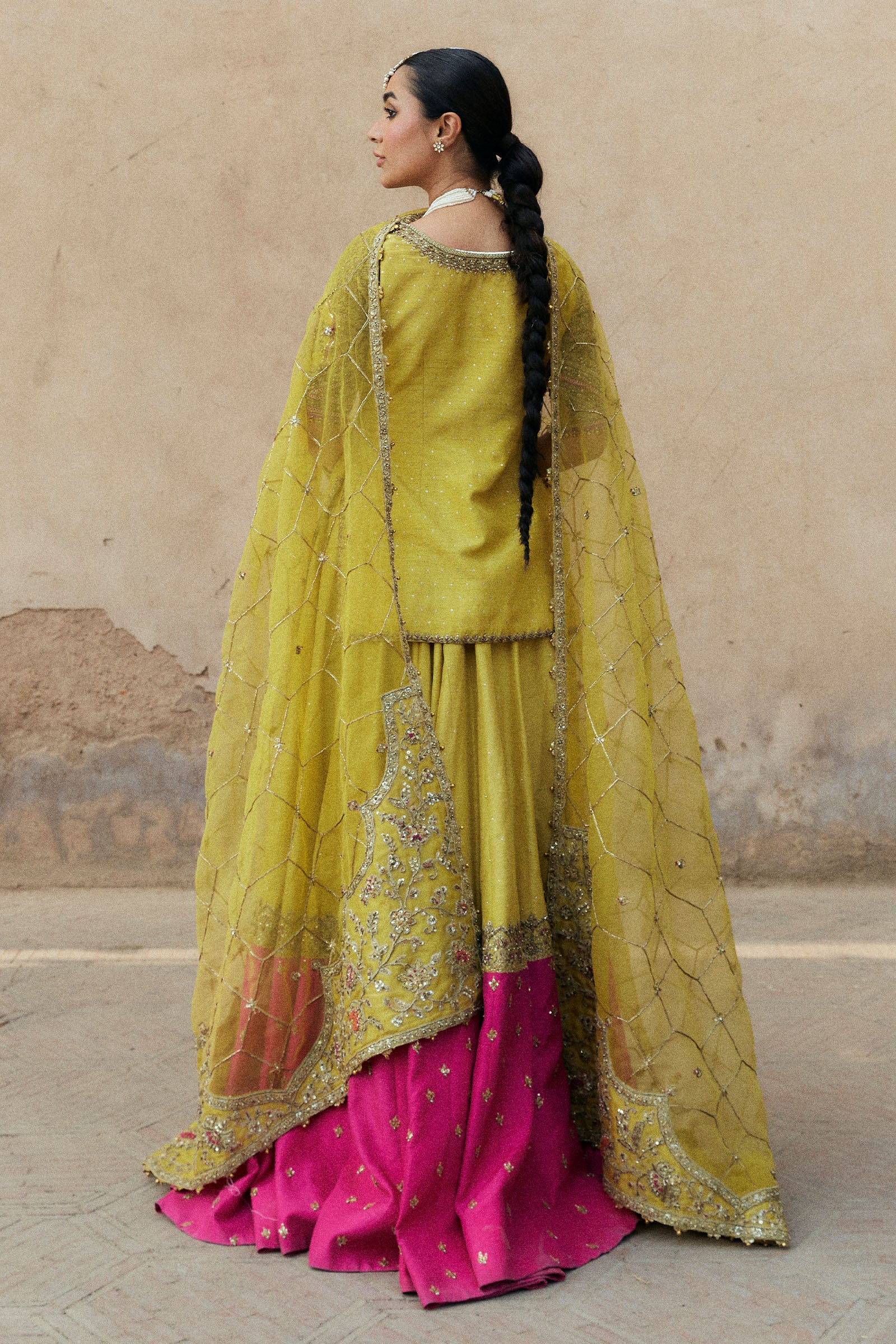 Pakistani Vibrant Yellow Adda Work Korean Silk Lehenga (3-Piece) - Image 4