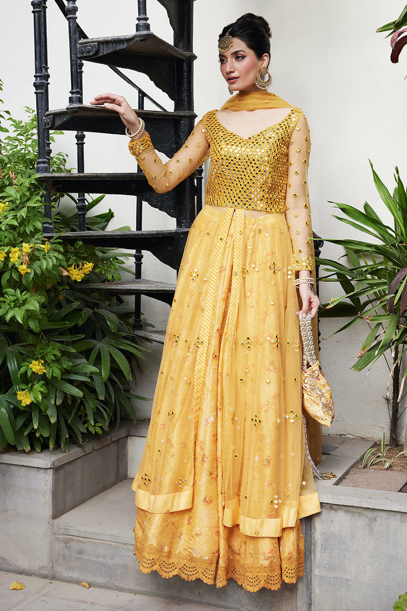 Yellow Mirror Work Net Kalidar Lehenga (3-Piece) - Image 1