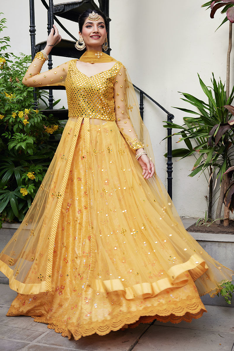 Yellow Mirror Work Net Kalidar Lehenga (3-Piece) - Image 2