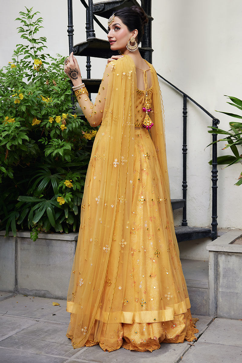 Yellow Mirror Work Net Kalidar Lehenga (3-Piece) - Image 3