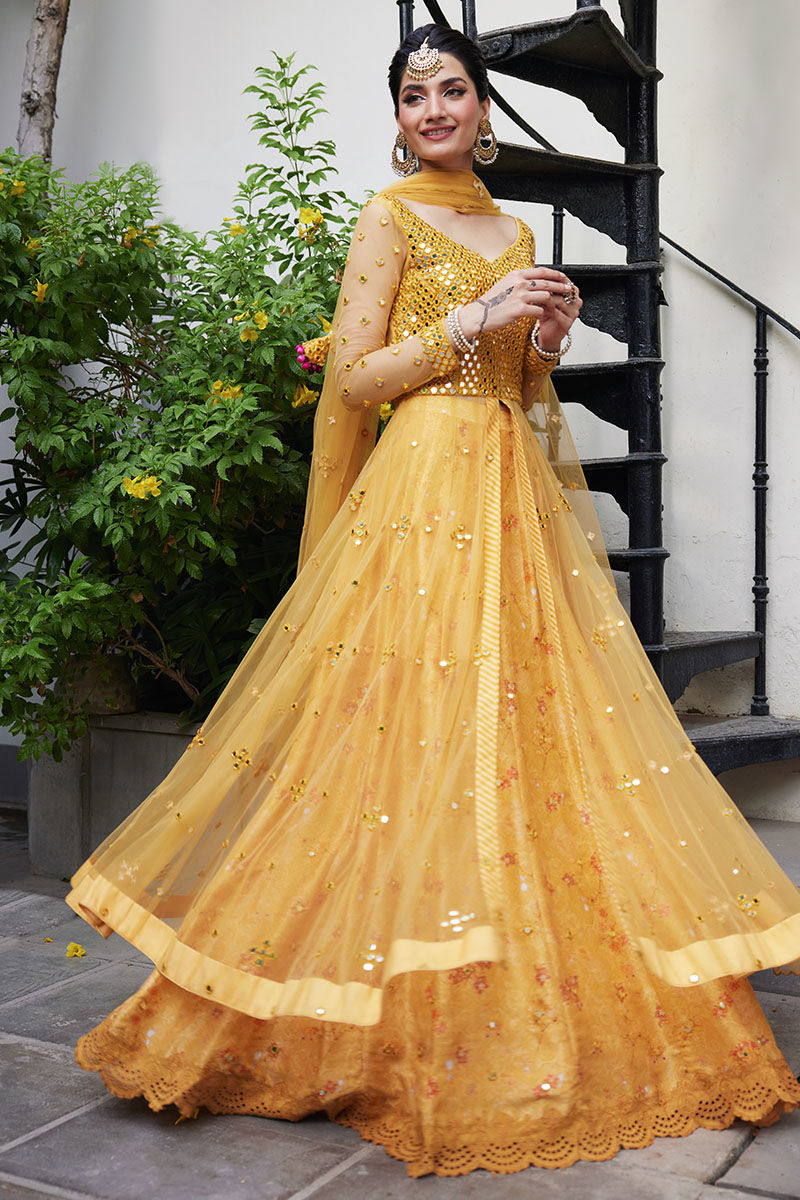 Yellow Mirror Work Net Kalidar Lehenga (3-Piece) - Image 4