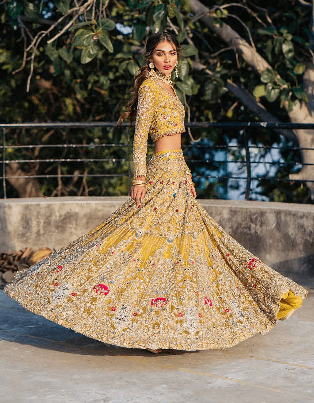 Lime Fuchsia Embellished Pure Net Lehenga Choli (3-Piece) - Image 1