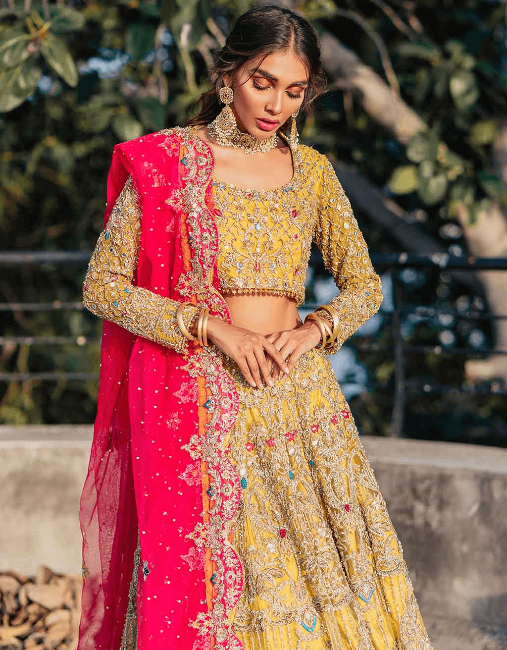 Lime Fuchsia Embellished Pure Net Lehenga Choli (3-Piece) - Image 3