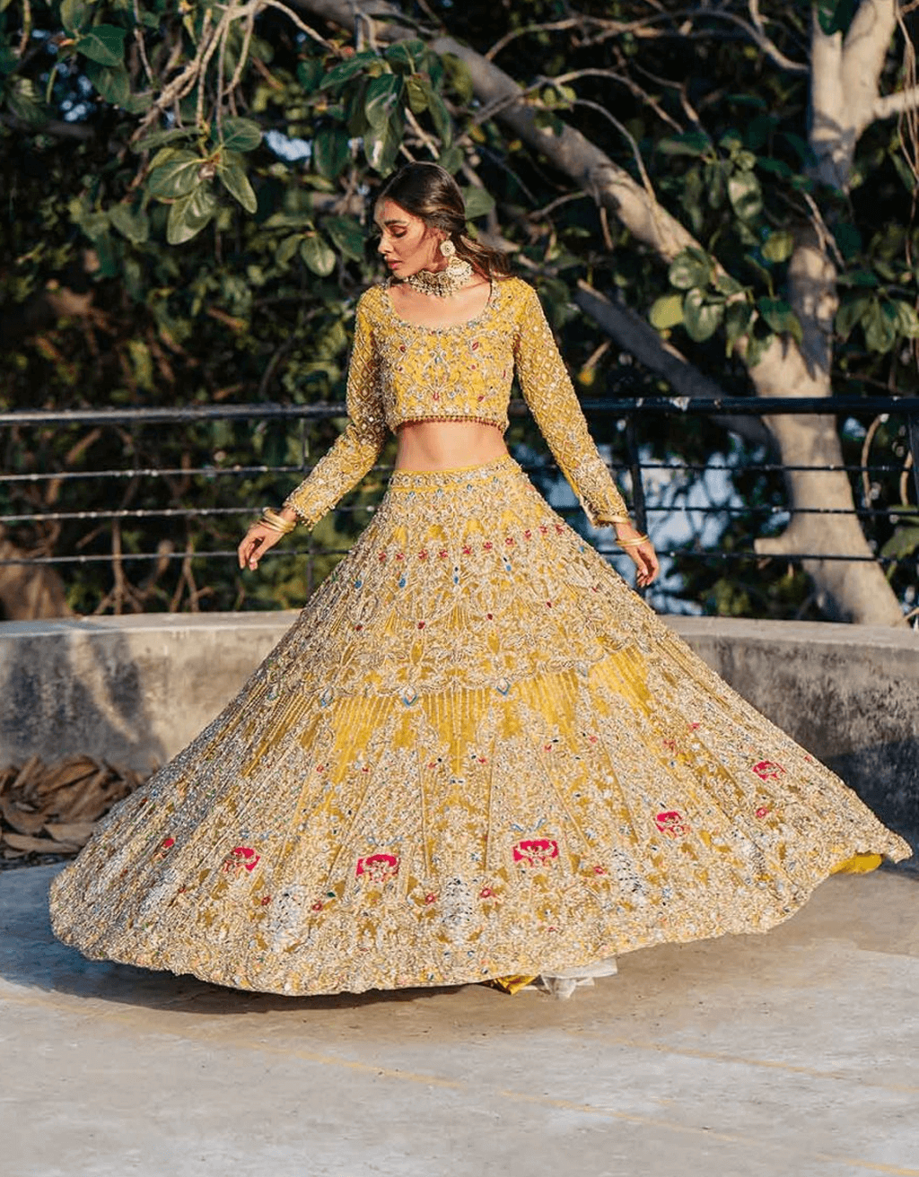 Lime Fuchsia Embellished Pure Net Lehenga Choli (3-Piece) - Image 4