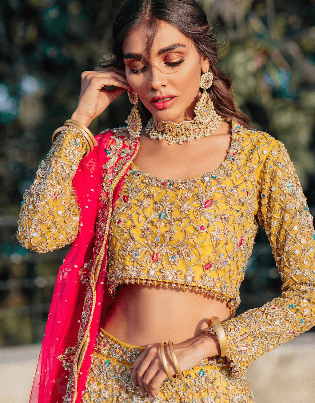 Lime Fuchsia Embellished Pure Net Lehenga Choli (3-Piece) - Image 5