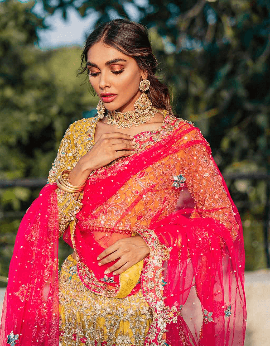 Lime Fuchsia Embellished Pure Net Lehenga Choli (3-Piece) - Image 7