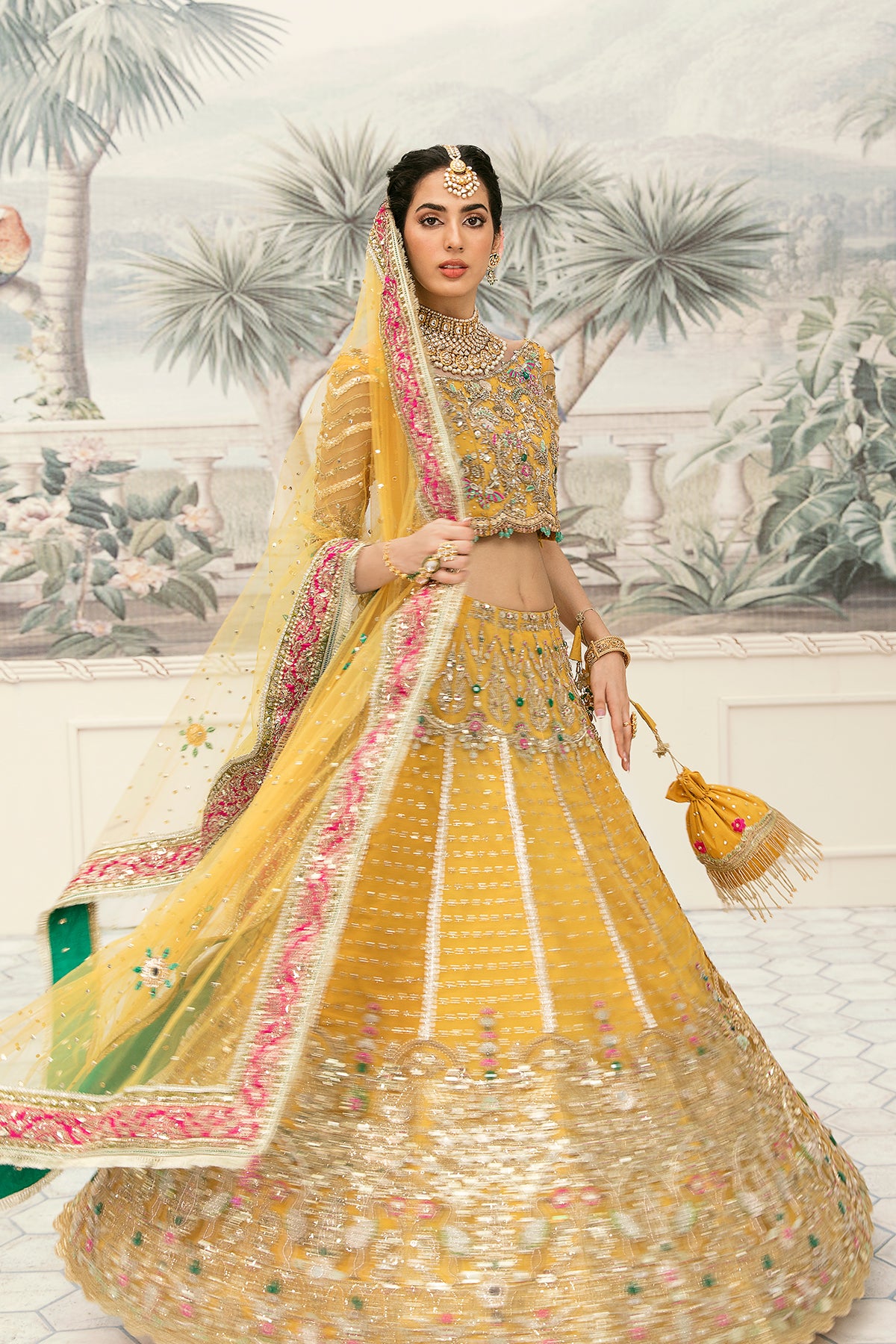 Pakistani Yellow Resham & Dabka Embroidered Net Lehenga Choli (3-Piece) - Image 1