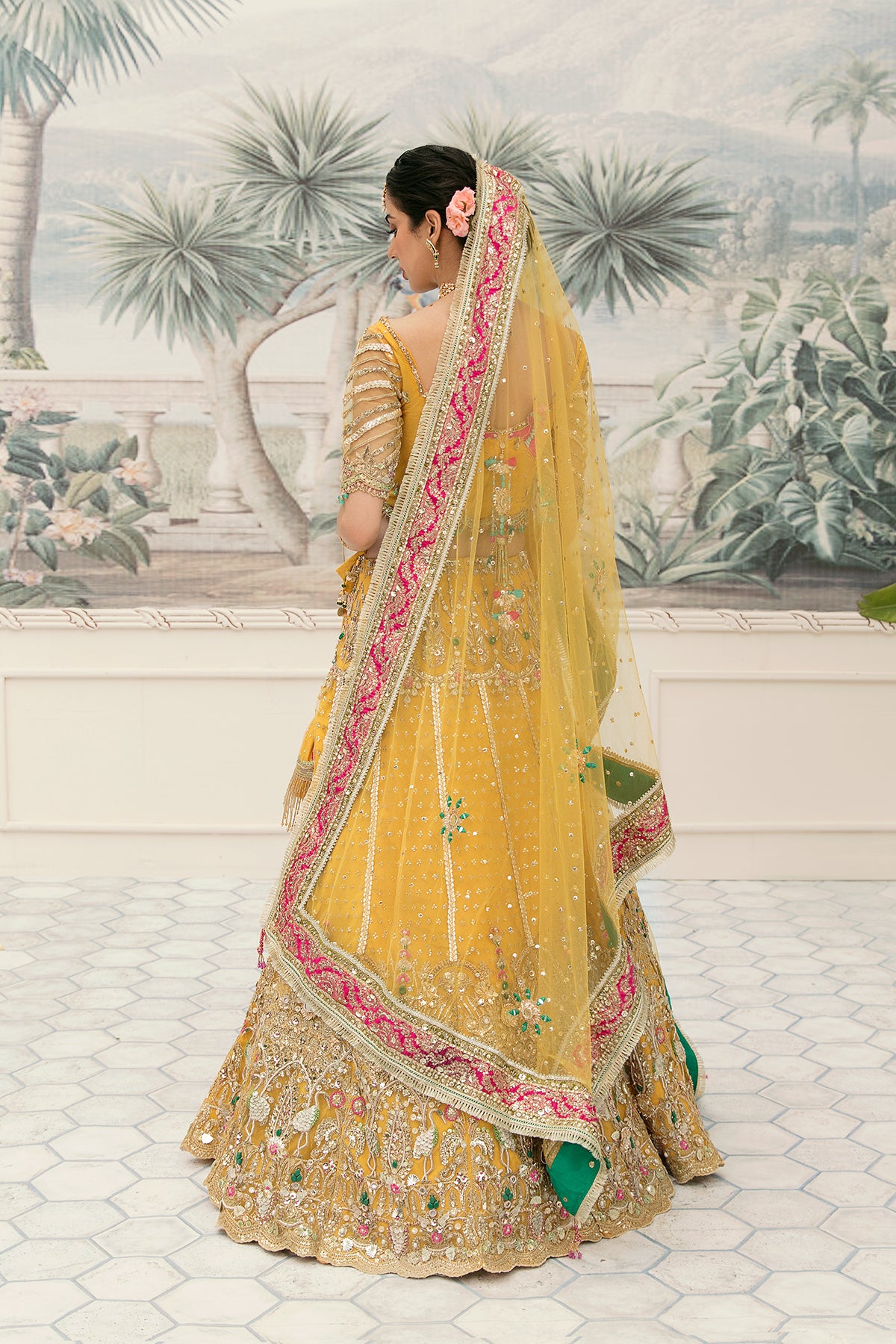 Pakistani Yellow Resham & Dabka Embroidered Net Lehenga Choli (3-Piece) - Image 2