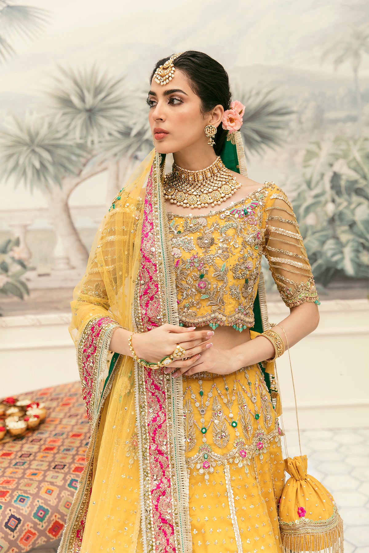 Pakistani Yellow Resham & Dabka Embroidered Net Lehenga Choli (3-Piece) - Image 4