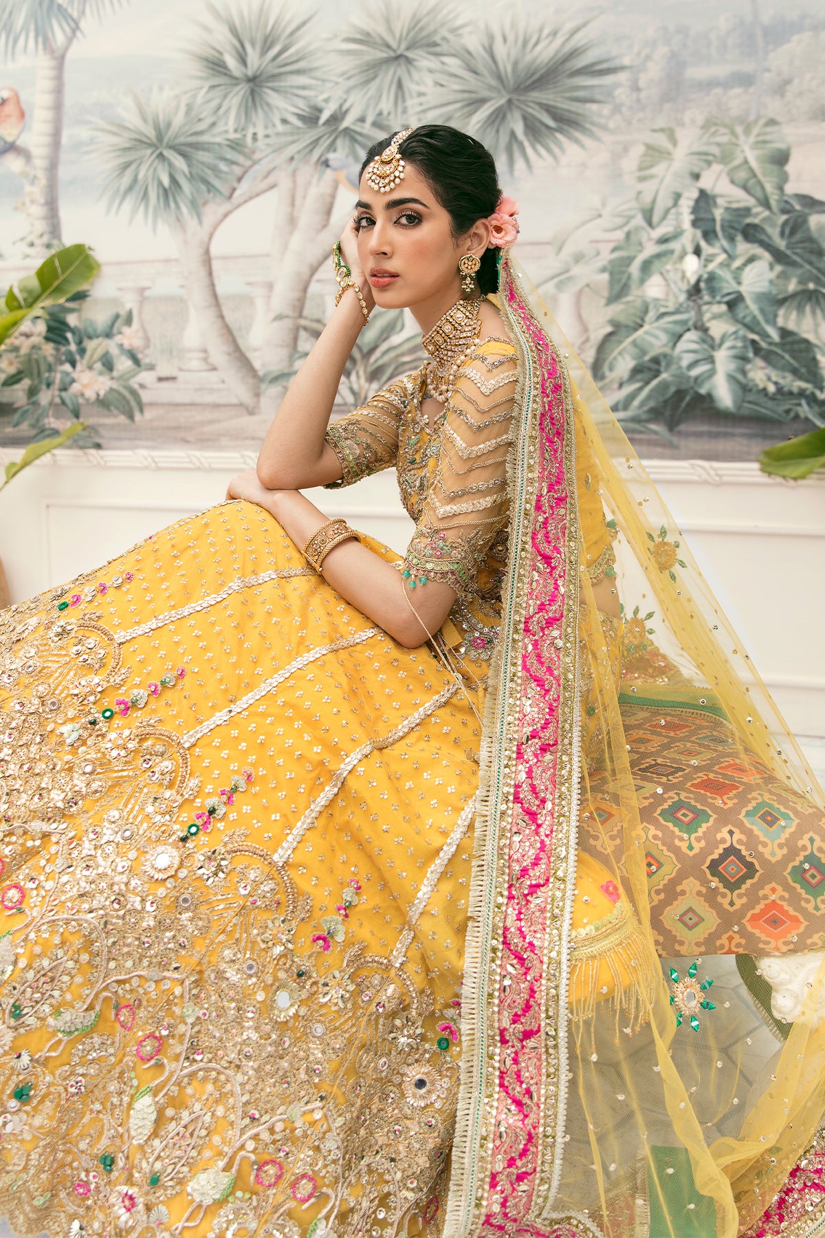 Pakistani Yellow Resham & Dabka Embroidered Net Lehenga Choli (3-Piece) - Image 5