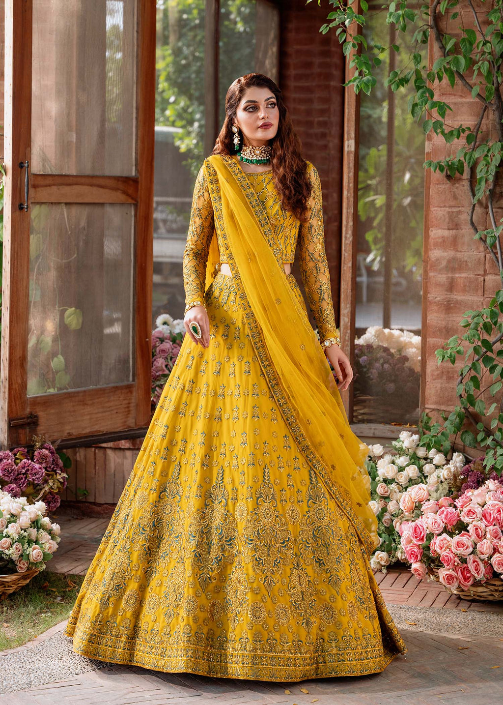Mustard Embroidered Net Lehenga Choli (3-Piece) - Image 1