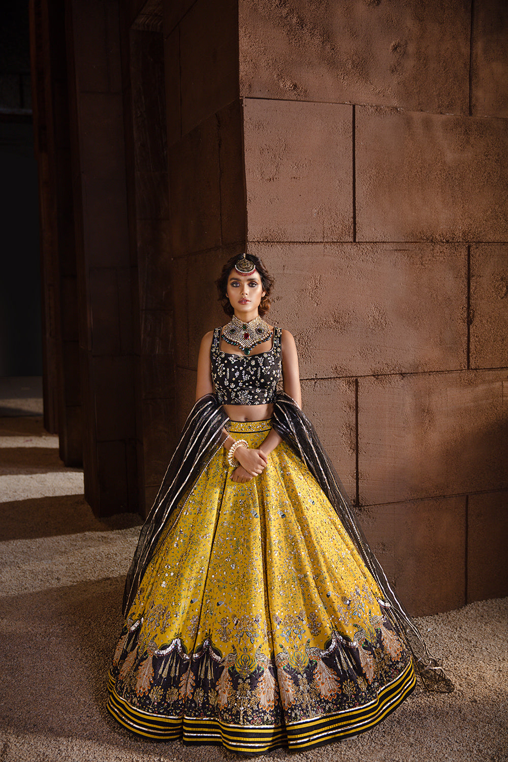 Yellow and Black Hand-Embellished Lehenga Choli (3-Piece) - Image 1