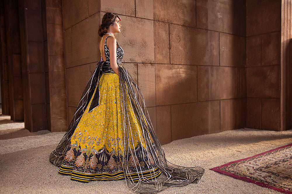 Yellow and Black Hand-Embellished Lehenga Choli (3-Piece) - Image 3
