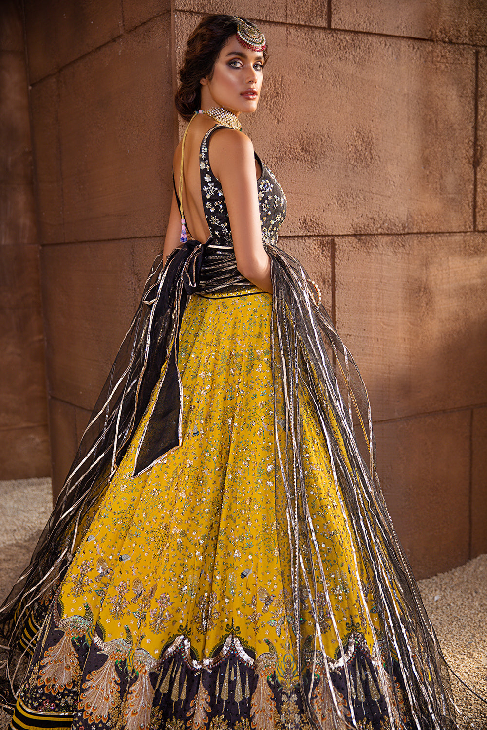 Yellow & Black Embellished Net Viscose Lehenga Choli (3-Piece) - Image 2