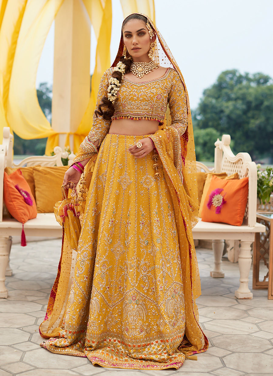 Saffron Embroidered Net Bridal Lehenga Choli (3-Piece) - Image 1