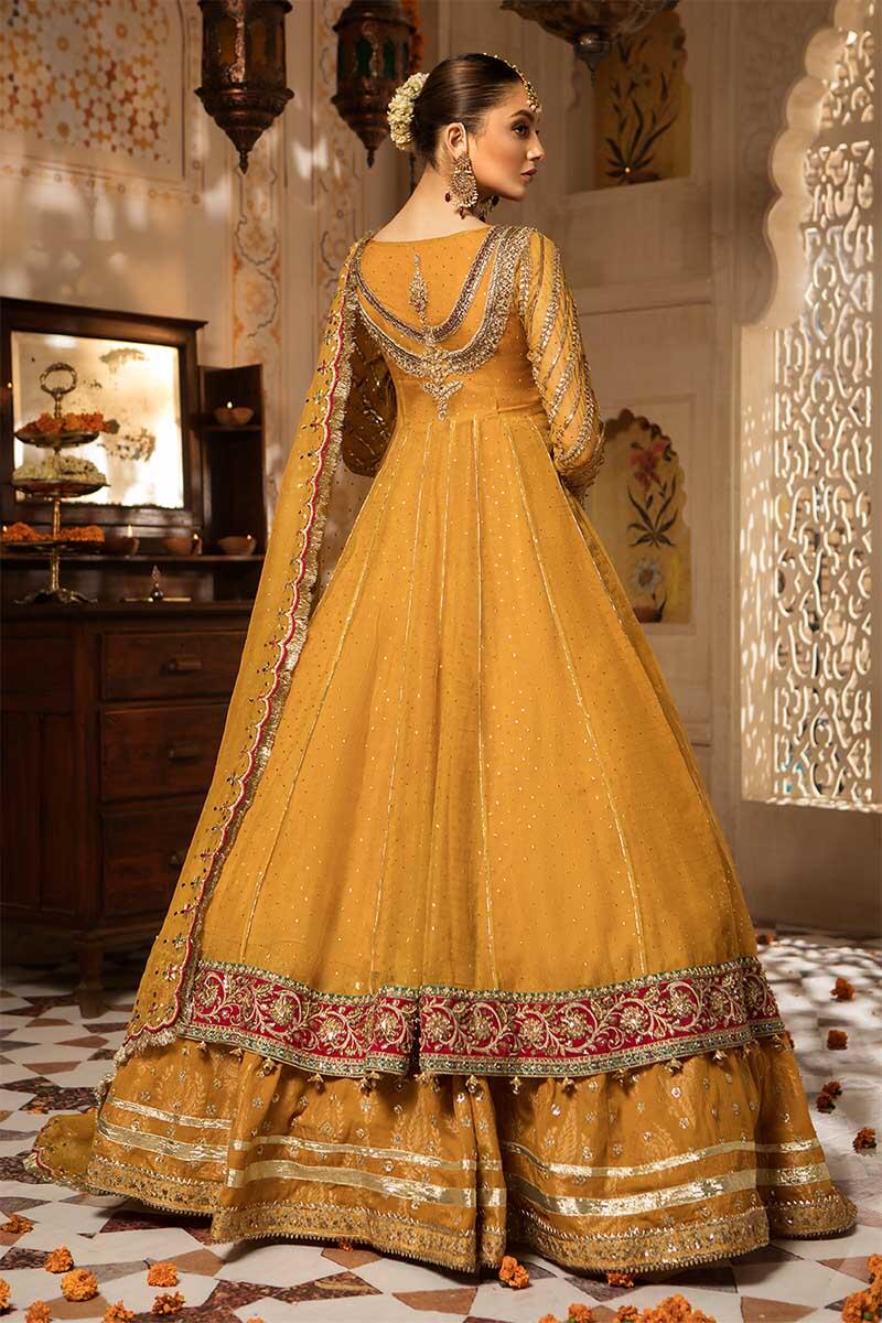 Pakistani Mustard Yellow Embroidered Organza Frock with Jamawar Lehenga (3-Piece) - Image 3