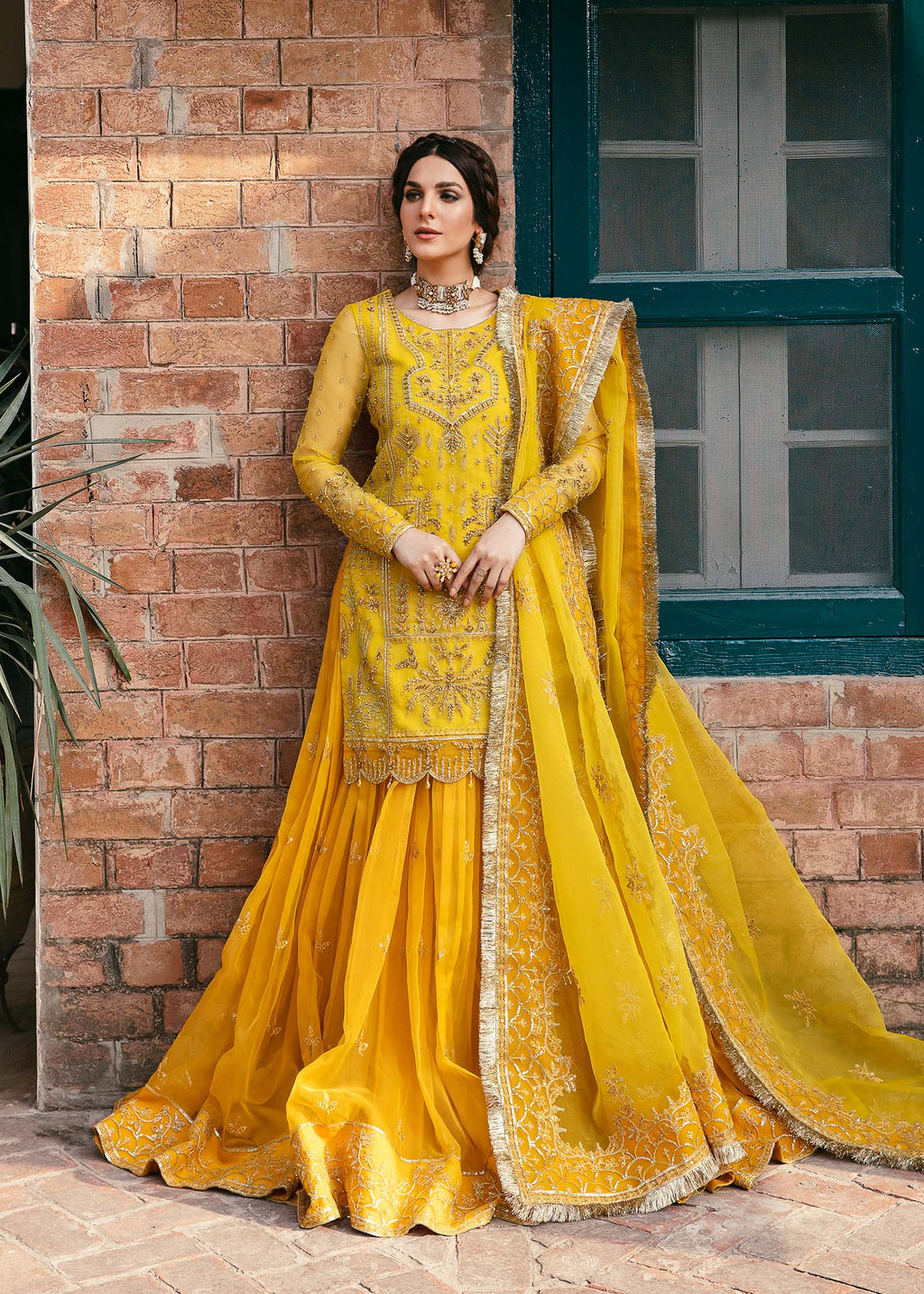 Pakistani Mustard Yellow Hand-Embellished Organza Lehenga (3-Piece) - Image 1