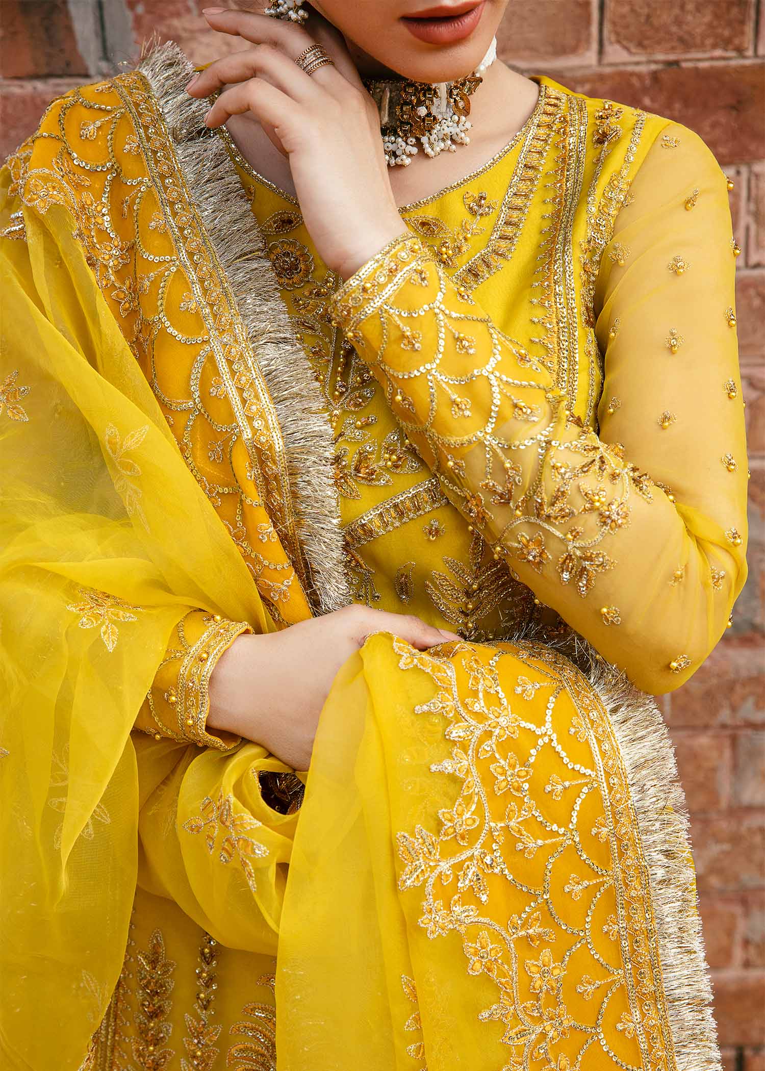 Pakistani Mustard Yellow Hand-Embellished Organza Lehenga (3-Piece) - Image 8